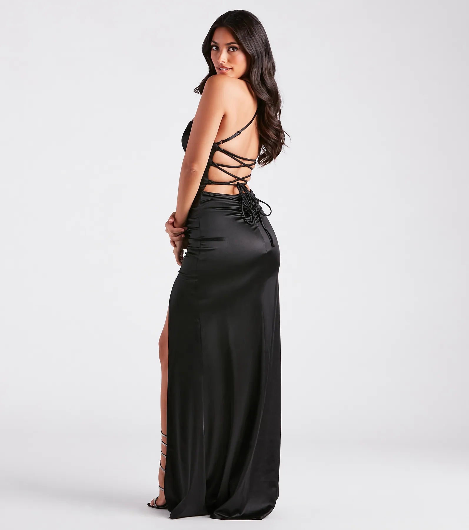Celebrate in style with the Lucille Formal Satin Mermaid Dress, a black formal wedding guest dress featuring an elegant silhouette and luxe details, perfect for a black-tie celebration.