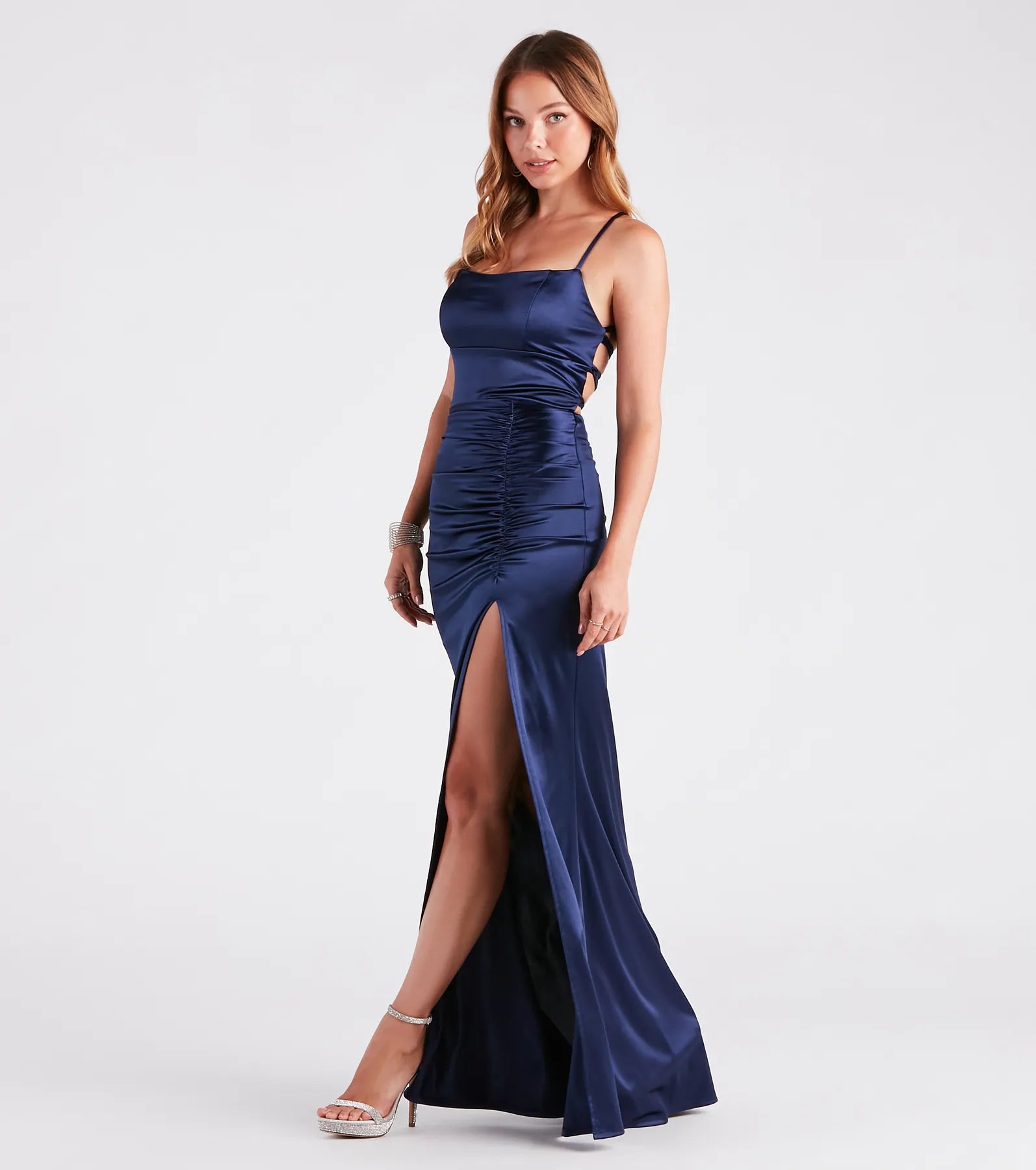 Make a bold statement in the Lucille Formal Satin Mermaid Dress in navy blue, the perfect fall dress for weddings, cocktail hours, nights out, and/or seasonal celebrations.