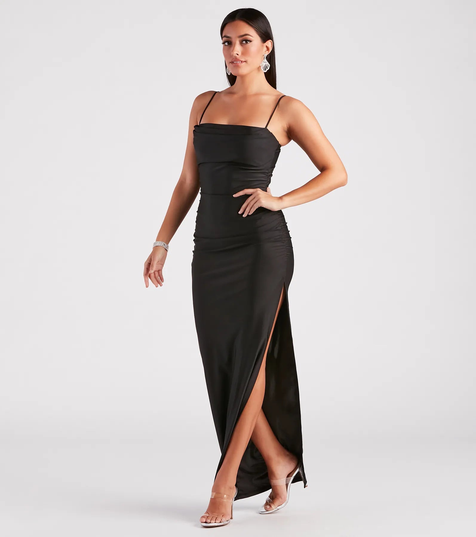 Keep it classic with the Ella Cowl Neck Satin Dress, a feed-worthy pick from Windsor's black homecoming dress collection made to stop their scroll from pictures to the dance floor.