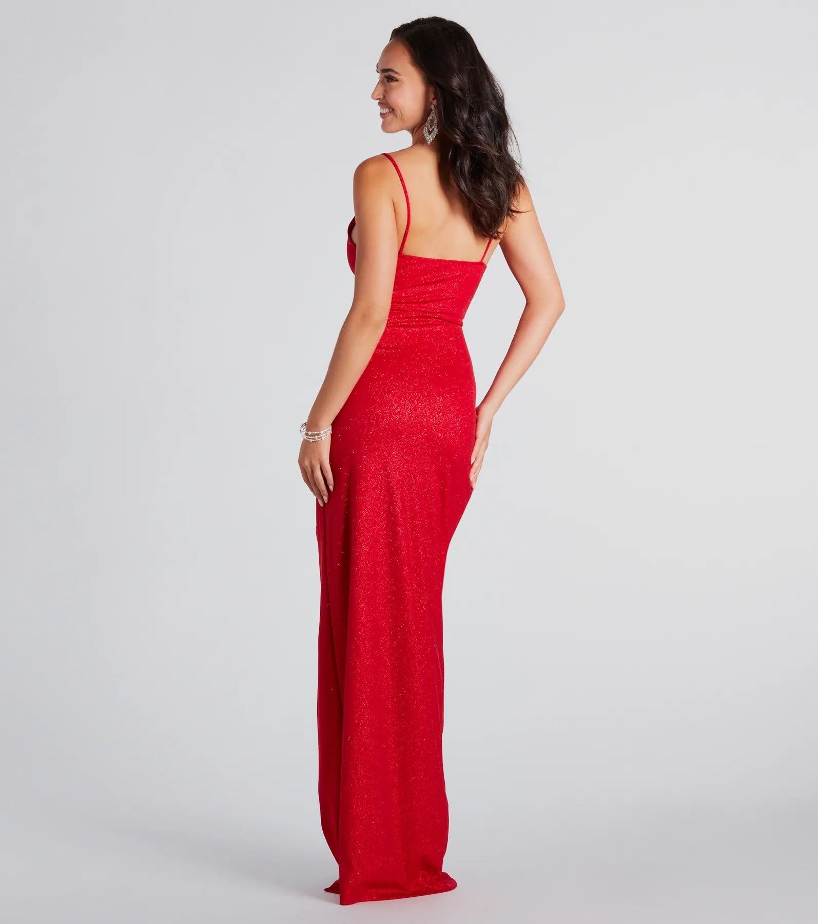 Shelly High Slit Glitter Knit Formal Dress in red, a stylish red dress with a flattering fit and fabric that adds allure to your look, perfect for wedding guest attire, cocktail events, or making a bold statement on a date night.