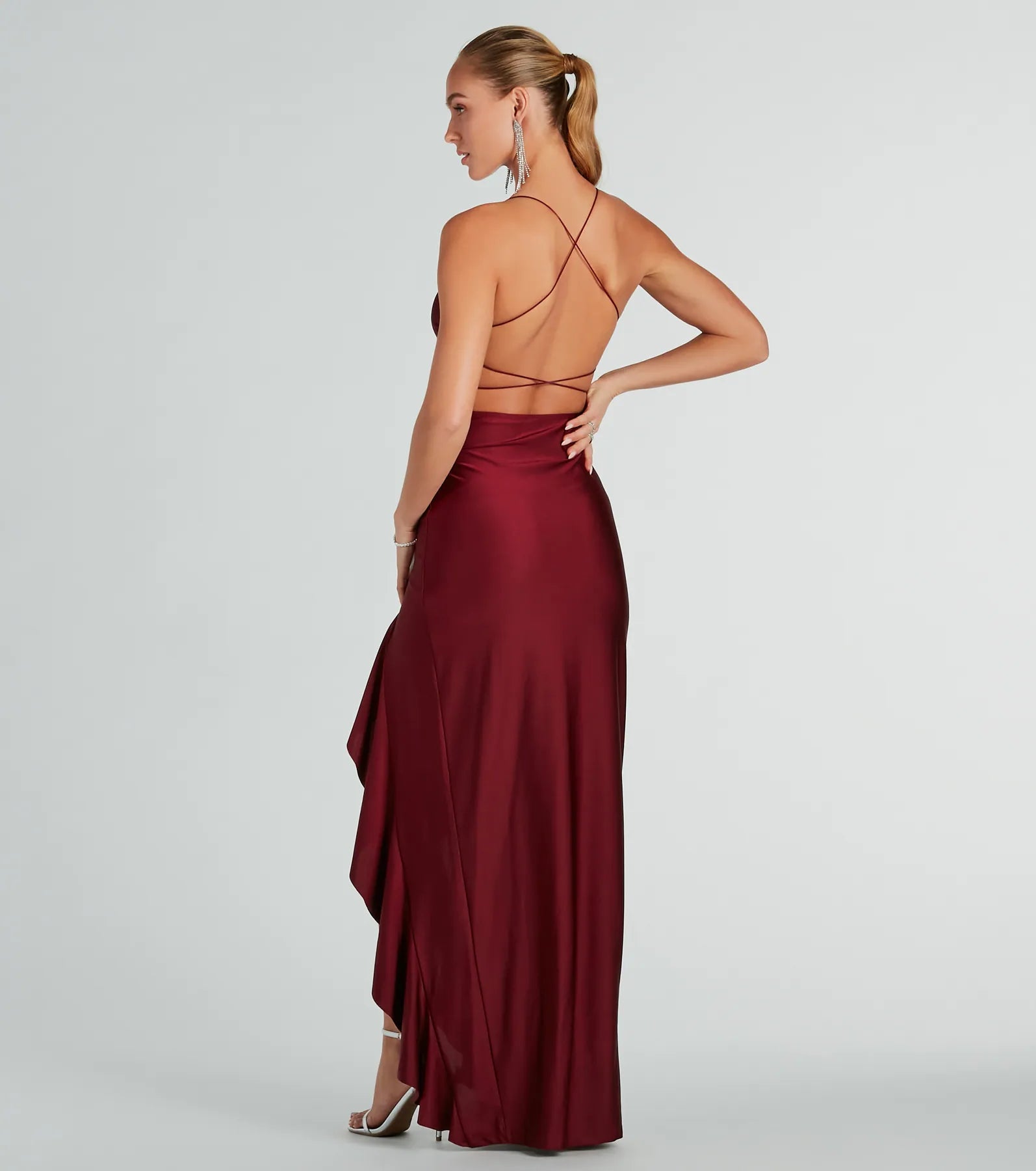 Lainey Ruffled High Slit Long Formal Dress in burgundy, a stylish red dress with a flattering fit and fabric that adds allure to your look, perfect for wedding guest attire, cocktail events, or making a bold statement on a date night.