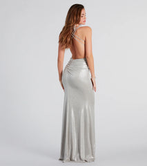 Turn heads at Prom 2025 in this silver prom dress, where statement-making details meet the iconic style of the Kate Formal Metallic Open Back Mermaid Dress .