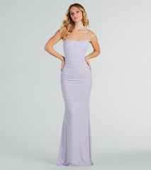 Make a bold statement in the Rowan Formal Glitter Ruched Mermaid Dress in lavender, the perfect fall dress for weddings, cocktail hours, nights out, and/or seasonal celebrations.