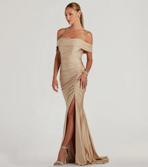 A stunning pick for an engagement photoshoot outfit or autumn wedding guest dress, this fall formal dress showcases the Alicia Off-The-Shoulder Mermaid Formal Dress in gold with a graceful silhouette that captures the moment.