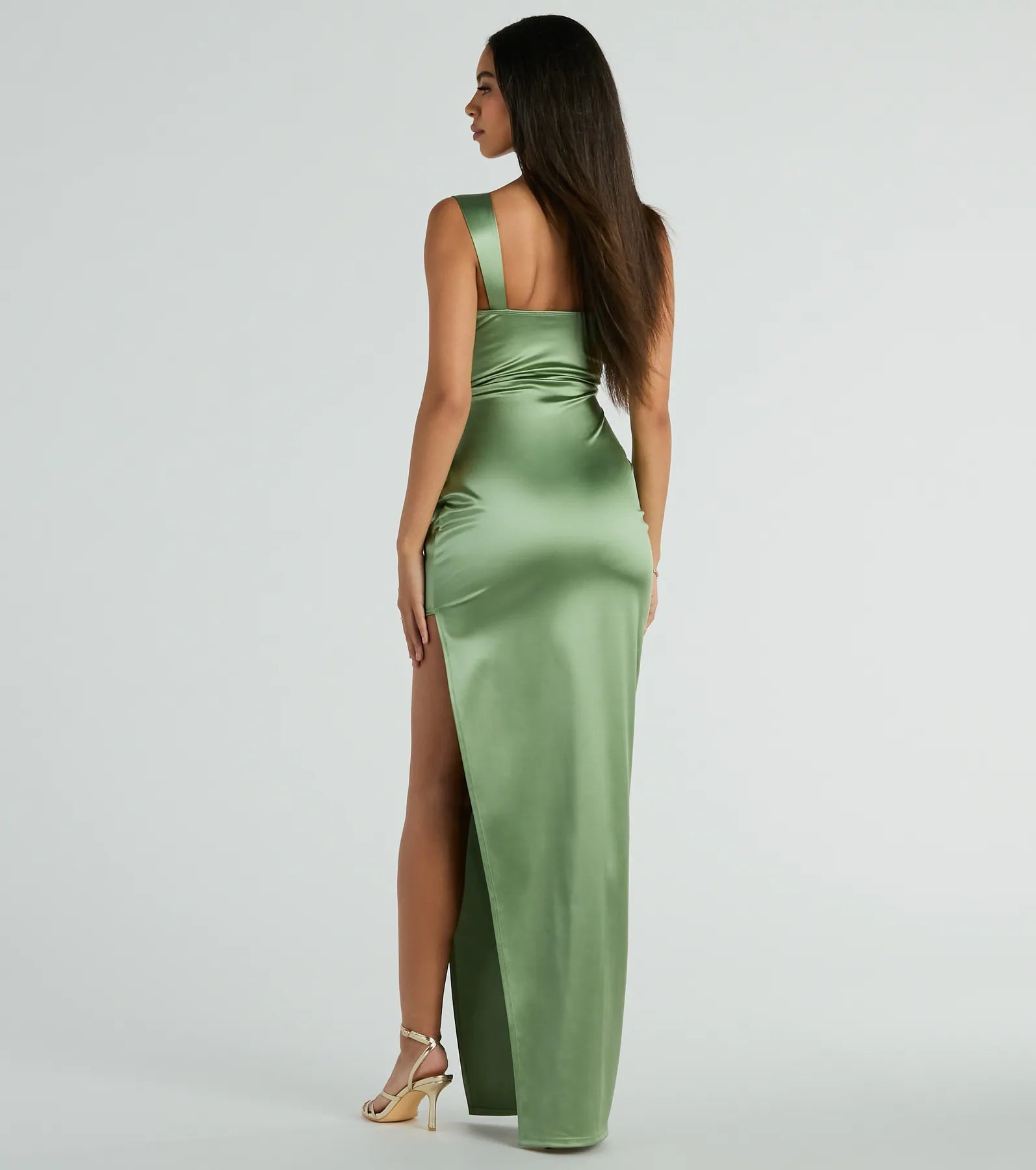 Celebrate in style with the Kirsten Satin Cowl Neck High Slit Formal Dress, a sage green formal wedding guest dress featuring an elegant silhouette and luxe details, perfect for a black-tie celebration.