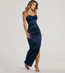 Own the evening in the Iliana Cowl Neck High Slit Satin Column Dress in navy blue, a fall cocktail dress perfect for rooftop parties and stylish soirées.