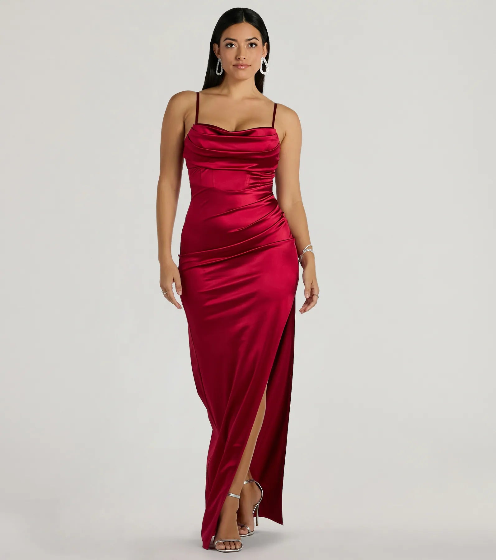 Steal the spotlight in the Iliana Cowl Neck High Slit Satin Column Dress in red, a fiery pick from the red homecoming dresses collection designed for bold entrances.