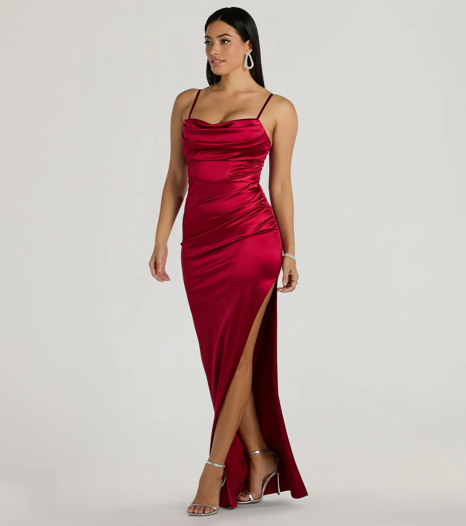 Iliana Cowl Neck High Slit Satin Formal Dress in red, a stylish red dress with a flattering fit and fabric that adds allure to your look, perfect for wedding guest attire, cocktail events, or making a bold statement on a date night.
