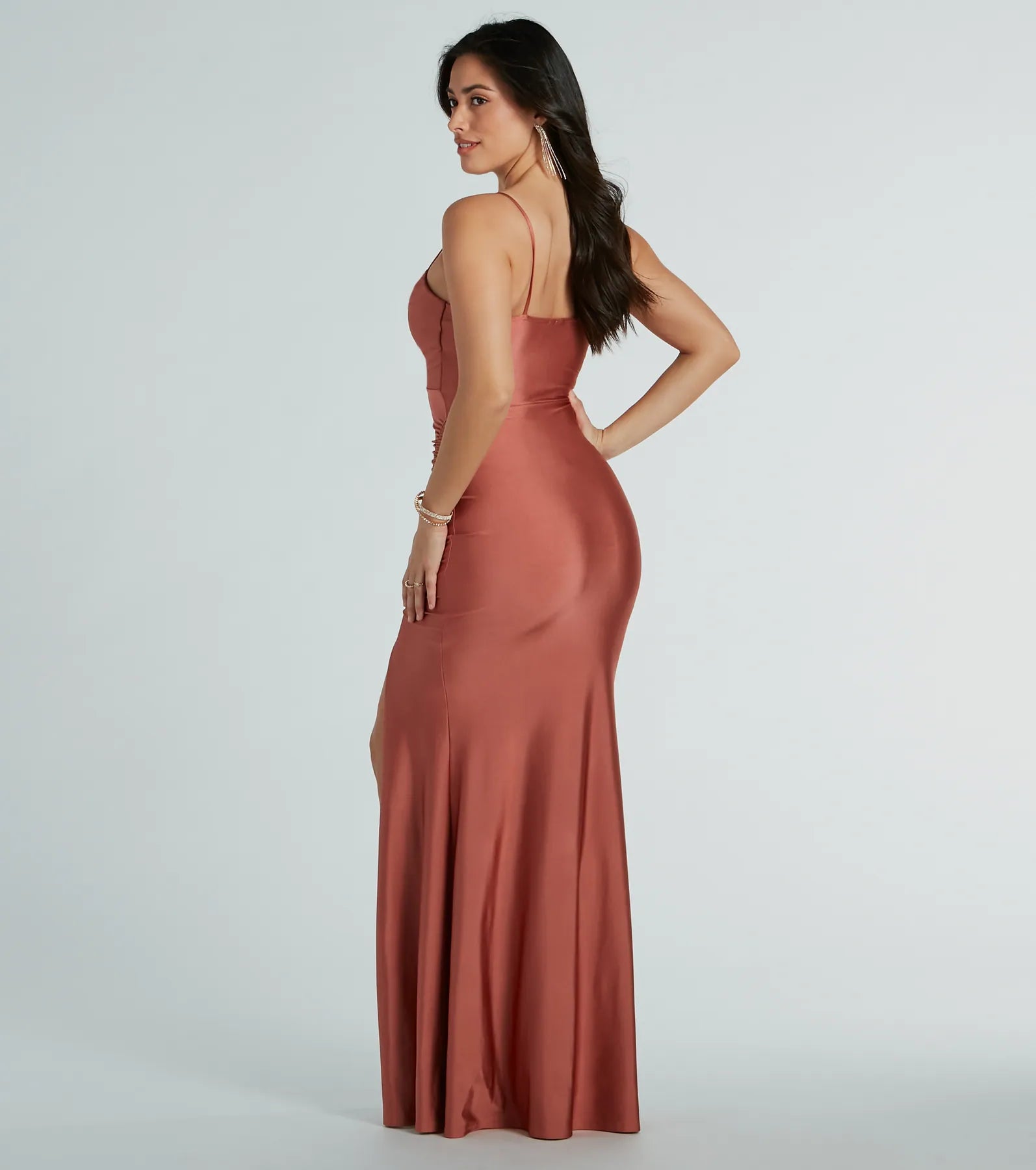 Feel instantly put-together in the Marsha Cowl Neck Mermaid Formal Dress in rose gold, a stylish wedding guest dress designed for confident style and all-out celebration.