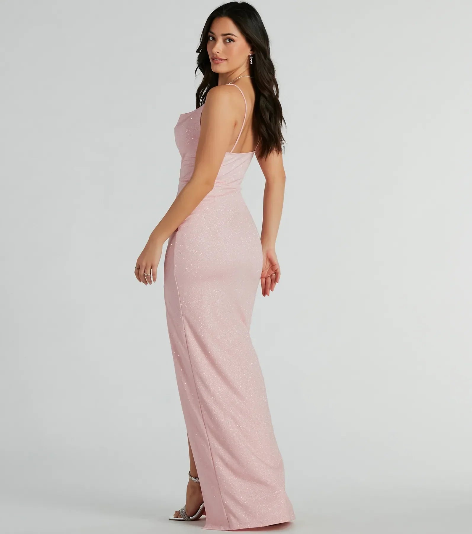 Feel instantly put-together in the Shelly High Slit Glitter Knit Formal Dress in pink, a fall wedding guest dress designed for confident style and all-out celebration.