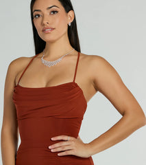 Make a bold statement in the Ashley Sleeveless Bow Mermaid Formal Dress in rust, the perfect fall dress for weddings, cocktail hours, nights out, and/or seasonal celebrations.