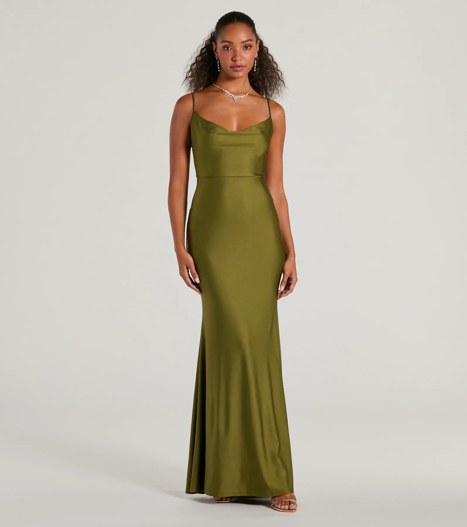 Feel instantly put-together in the Virginia Cowl Neck Tie-Back Mermaid Formal Dress in olive green, a stylish wedding guest dress designed for confident style and all-out celebration.