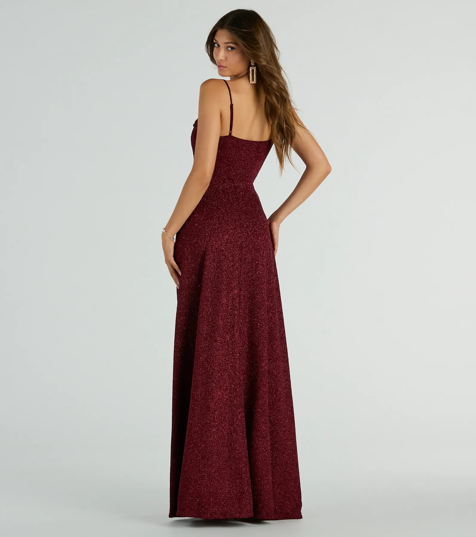 Stephanie Formal Glitter A-Line Dress in wine , a stylish red dress with a flattering fit and fabric that adds allure to your look, perfect for wedding guest attire, cocktail events, or making a bold statement on a date night.