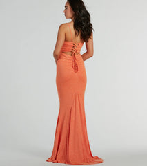 Feel instantly put-together in the Colleen Lace Up Mermaid Glitter Formal Dress in orange, a fall wedding guest dress designed for confident style and all-out celebration.