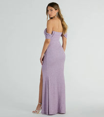 Feel instantly put-together in the Tamara Off-The-Shoulder Mermaid Glitter Formal Dress in lavender, a stylish wedding guest dress designed for confident style and all-out celebration.