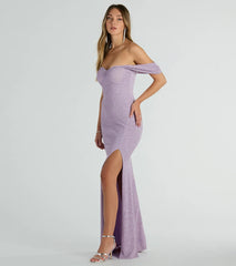 A stunning pick for an engagement photoshoot outfit or autumn wedding guest dress, this fall formal dress showcases the Tamara Off-The-Shoulder Mermaid Glitter Formal Dress in lavender with a graceful silhouette that captures the moment.
