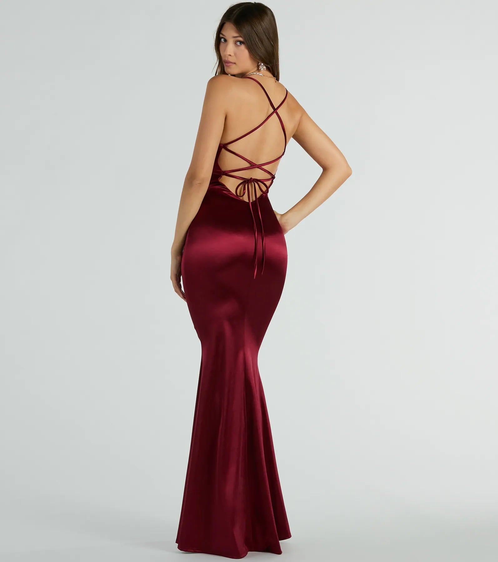 Emmie Lace-Up Mermaid Satin Formal Dress in burgundy, a stylish red dress with a flattering fit and fabric that adds allure to your look, perfect for wedding guest attire, cocktail events, or making a bold statement on a date night.