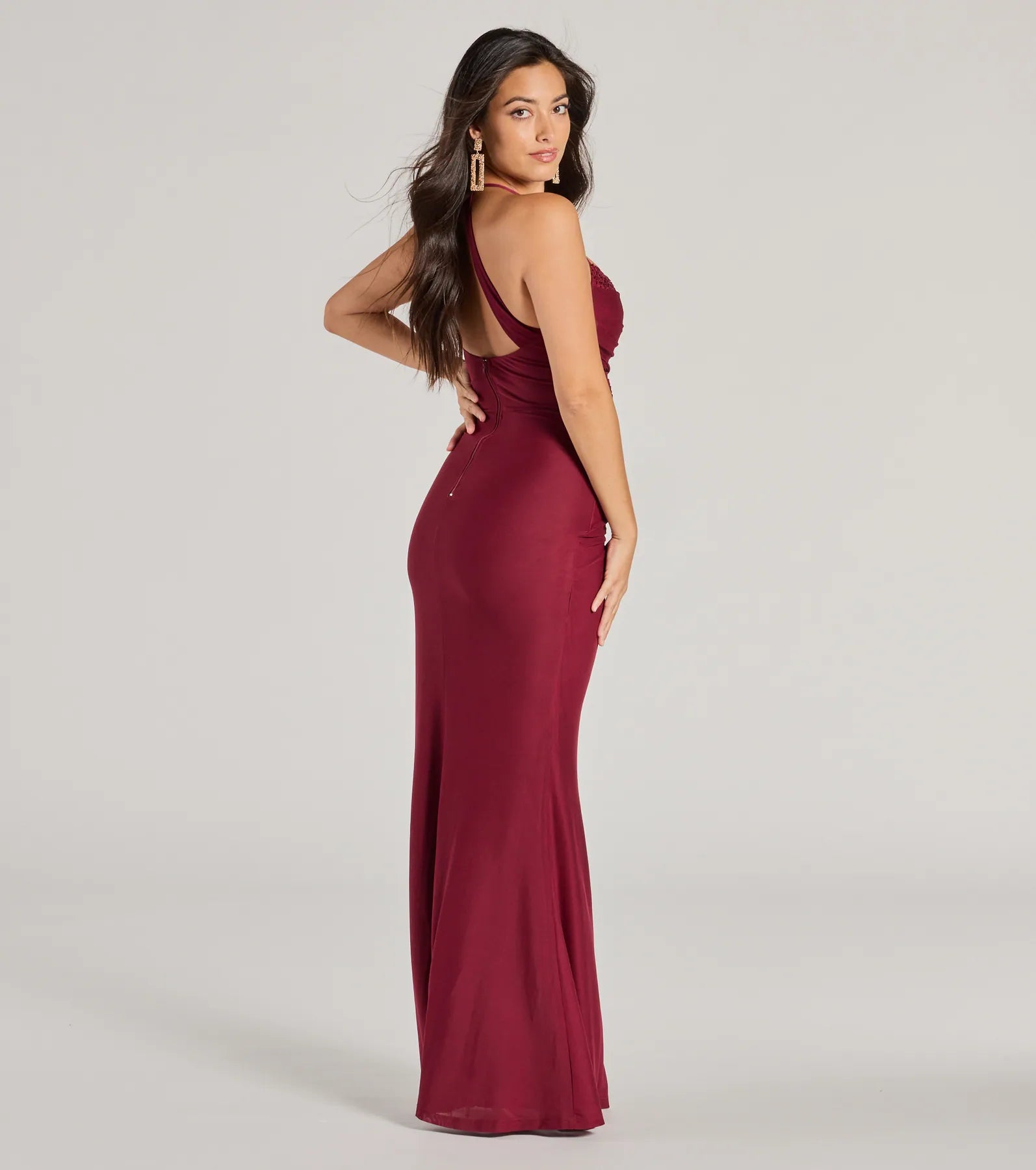 Hadlee Sweetheart Halter Mermaid Mesh Formal Dress in wine, a stylish red dress with a flattering fit and fabric that adds allure to your look, perfect for wedding guest attire, cocktail events, or making a bold statement on a date night.