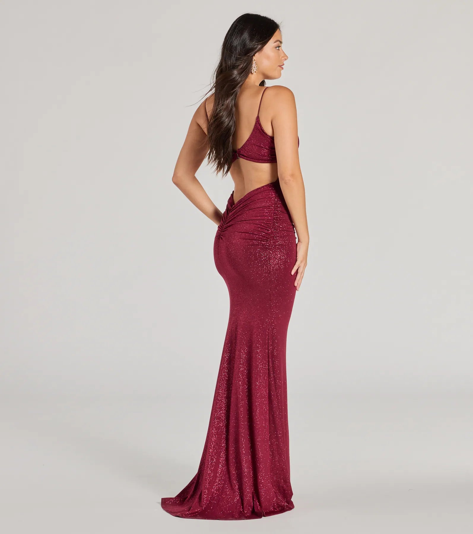 Rowan Formal Glitter Ruched Mermaid Dress in burgundy, a stunning maid-of-honor dress with a flattering fit and romantic details, perfect for autumn wedding themes.