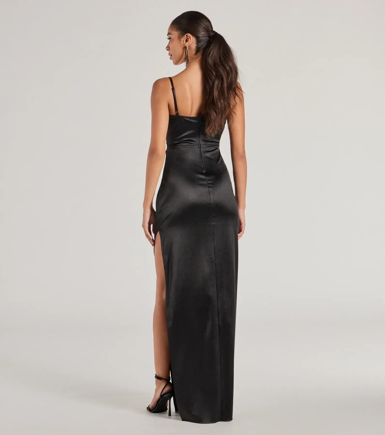 Feel instantly put-together in the Iliana Cowl Neck High Slit Satin Column Dress in black, a fall wedding guest dress designed for confident style and all-out celebration.