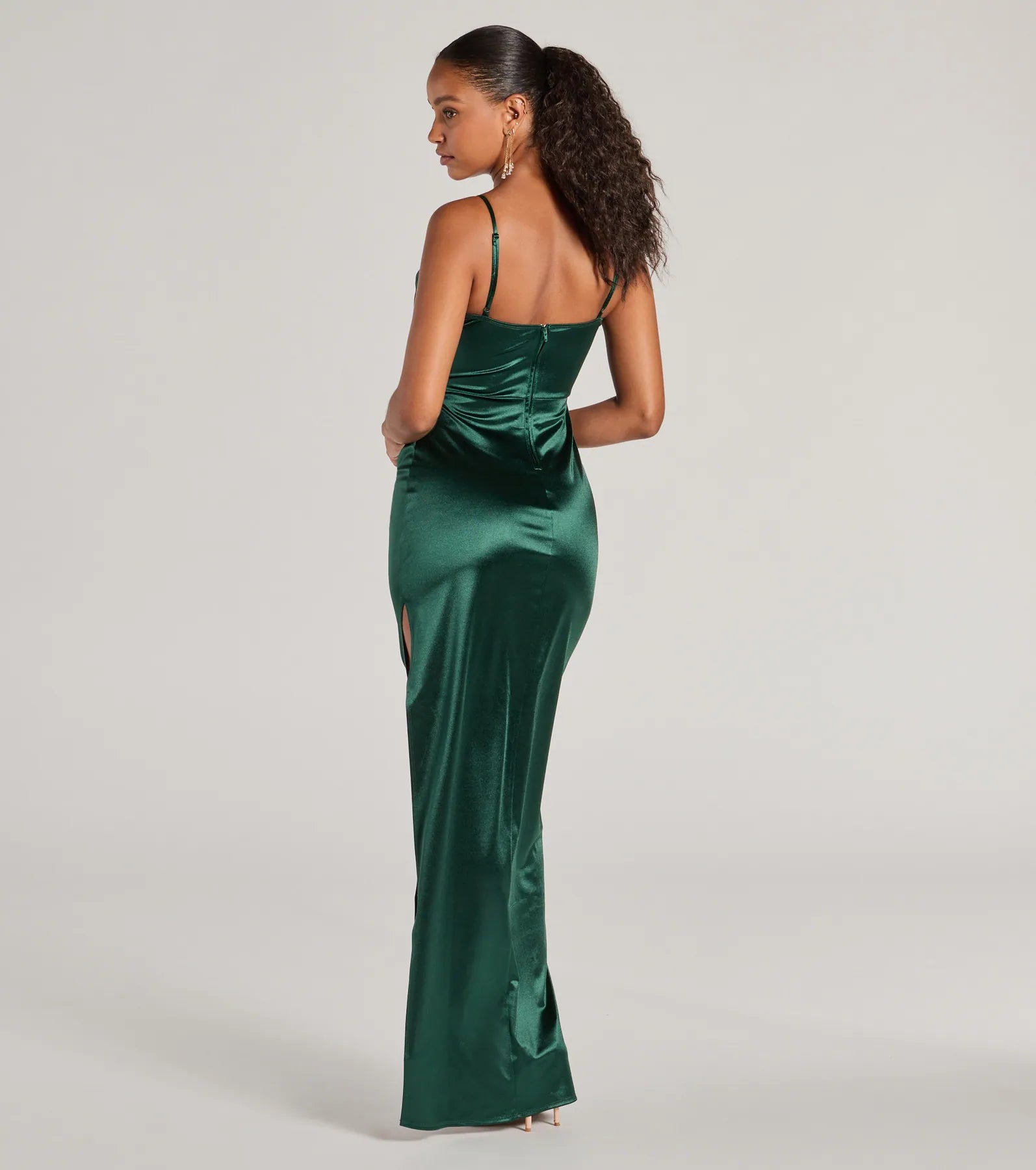 Feel instantly put-together in the Iliana Cowl Neck High Slit Satin Column Dress in hunter green, a fall wedding guest dress designed for confident style and all-out celebration.