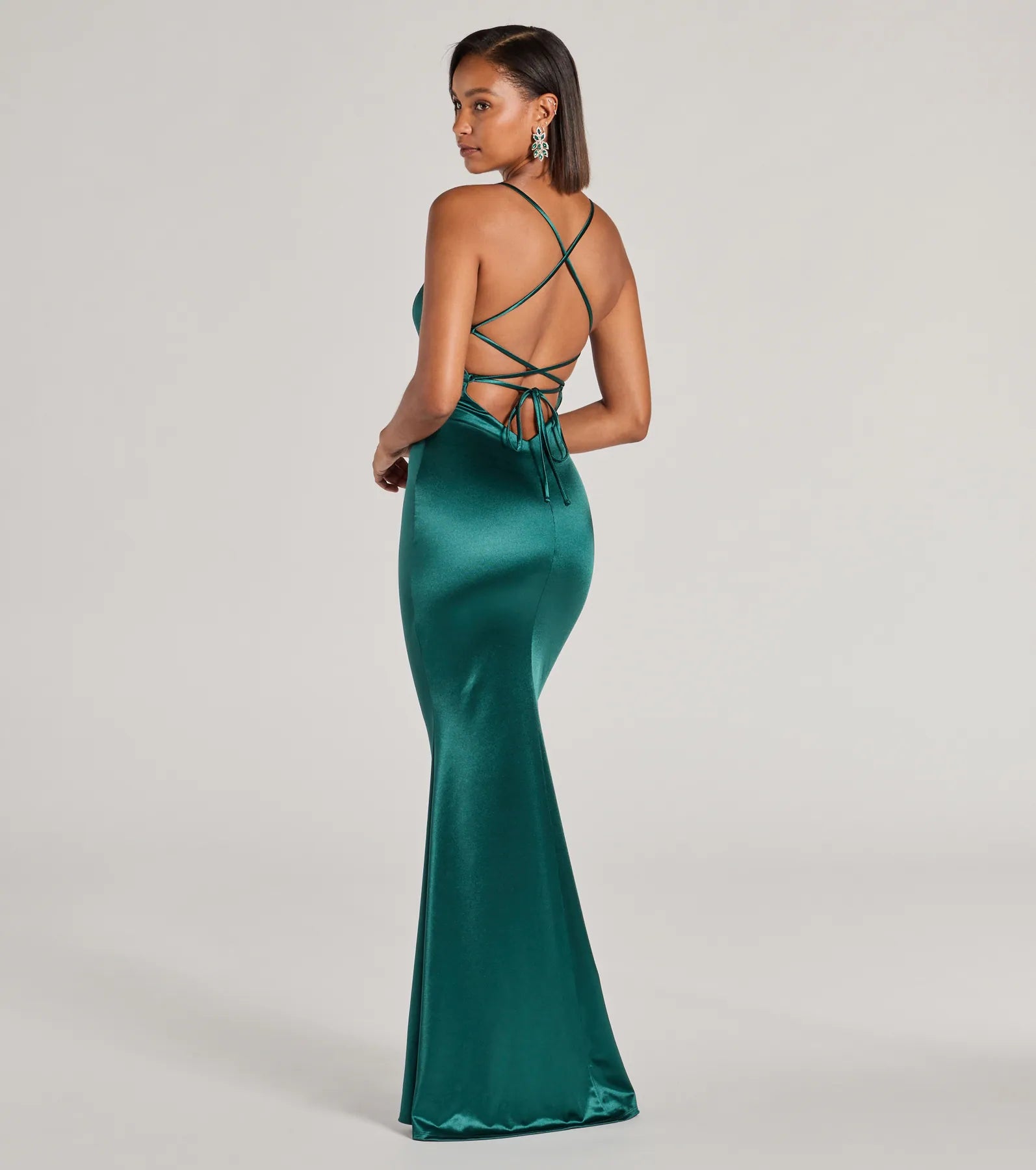 The elegant Emmie Lace-Up Mermaid Satin Formal Dress is a hunter satin bridesmaid dress crafted with luxe fabric, ideal for modern weddings and traditional bridal parties.