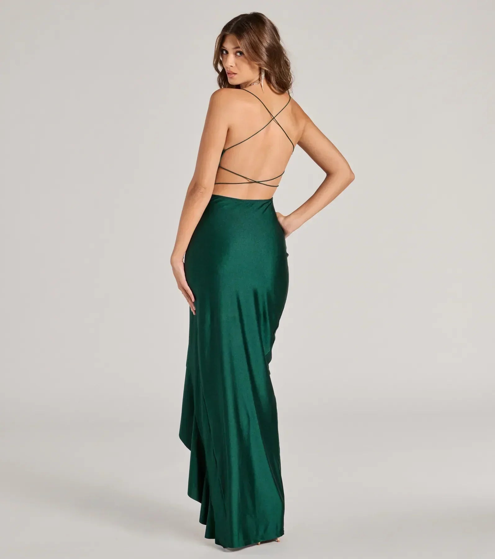 Celebrate in style with the Lainey Ruffled High Slit Long Formal Dress, a hunter green formal wedding guest dress featuring an elegant silhouette and luxe details, perfect for a black-tie celebration.