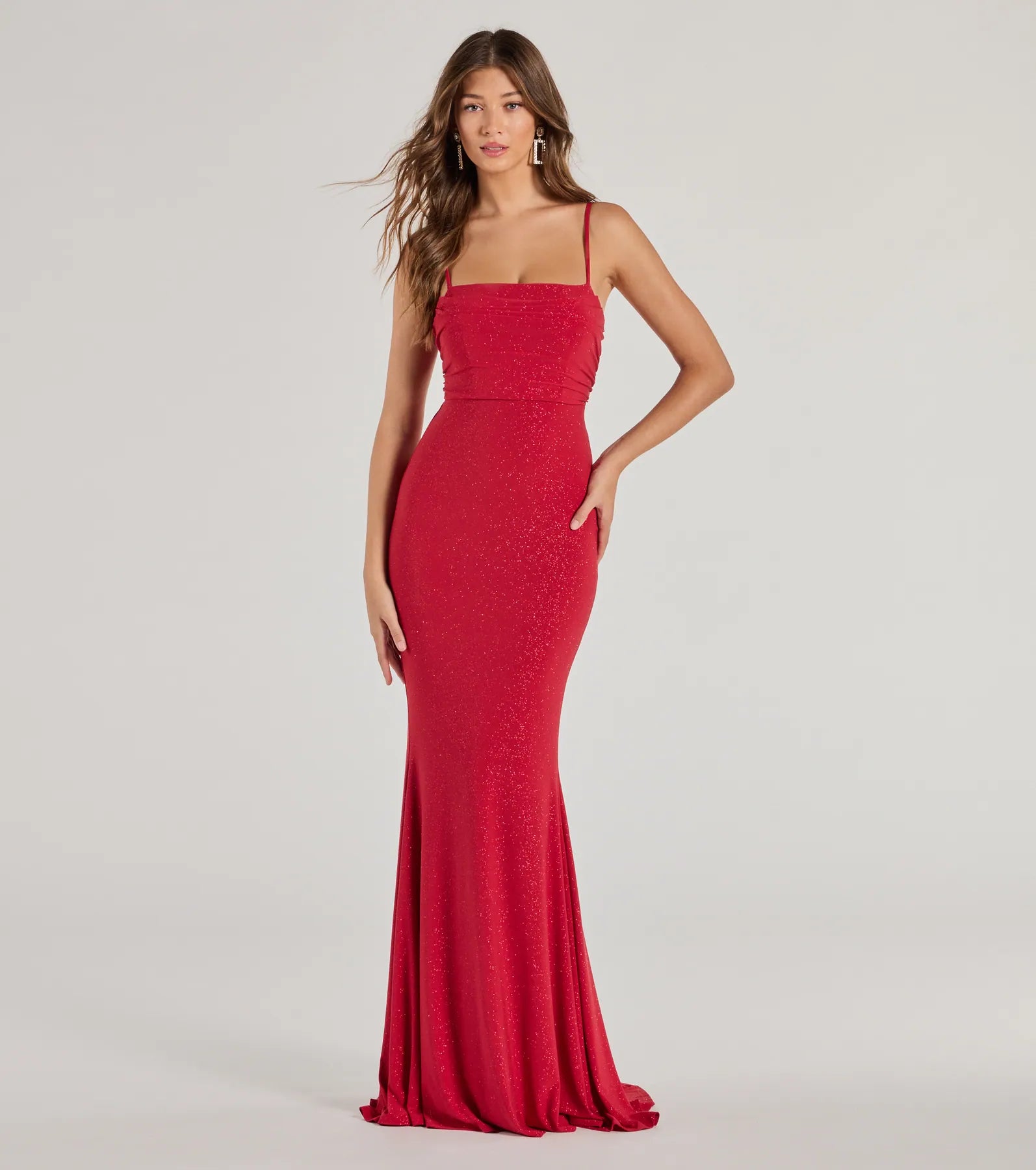 Steal the spotlight in the Colleen Lace Up Mermaid Glitter Formal Dress in red, a fiery pick from the red homecoming dresses collection designed for bold entrances.
