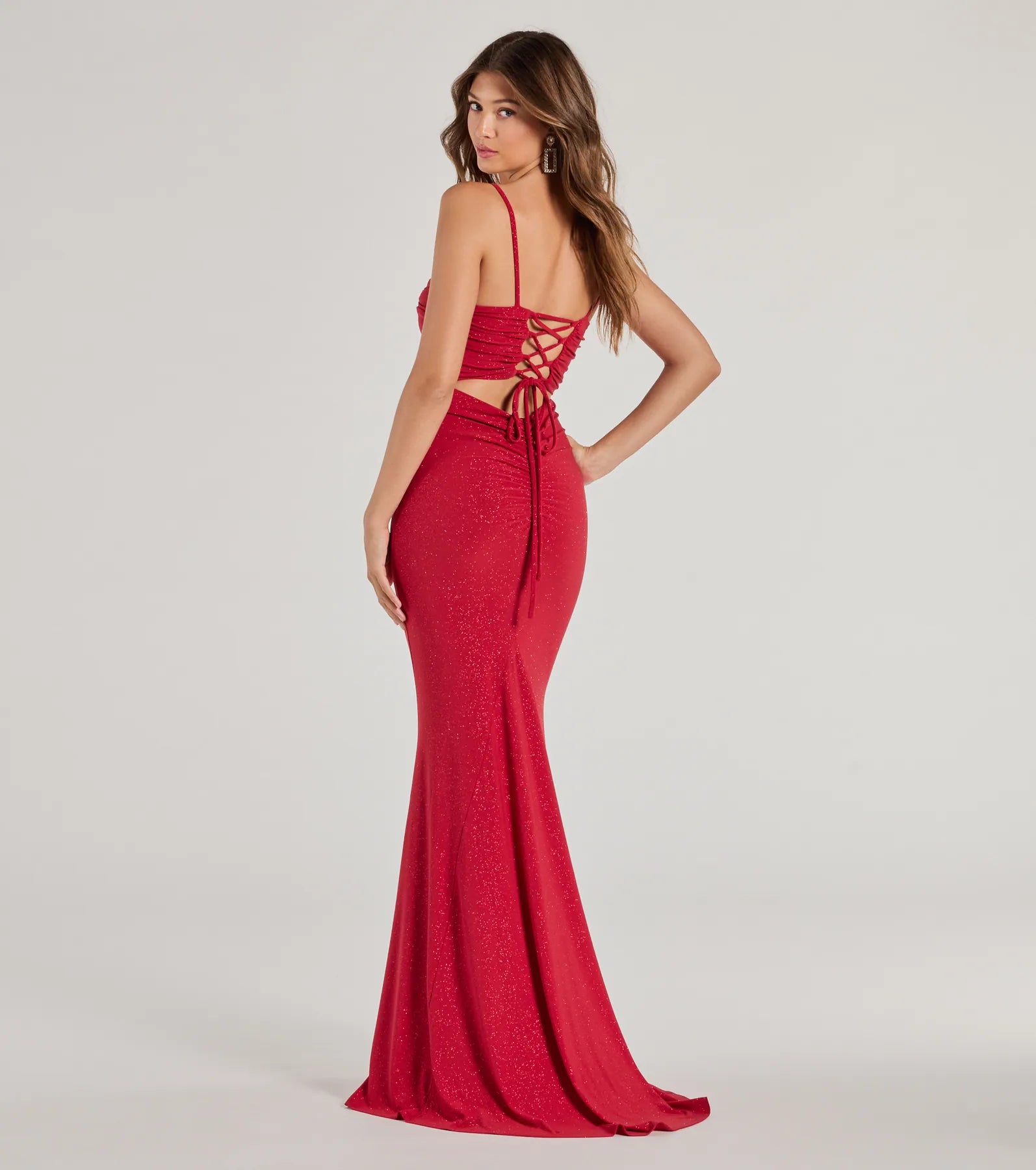 Colleen Lace Up Mermaid Glitter Formal Dress in red, a stylish red dress with a flattering fit and fabric that adds allure to your look, perfect for wedding guest attire, cocktail events, or making a bold statement on a date night.