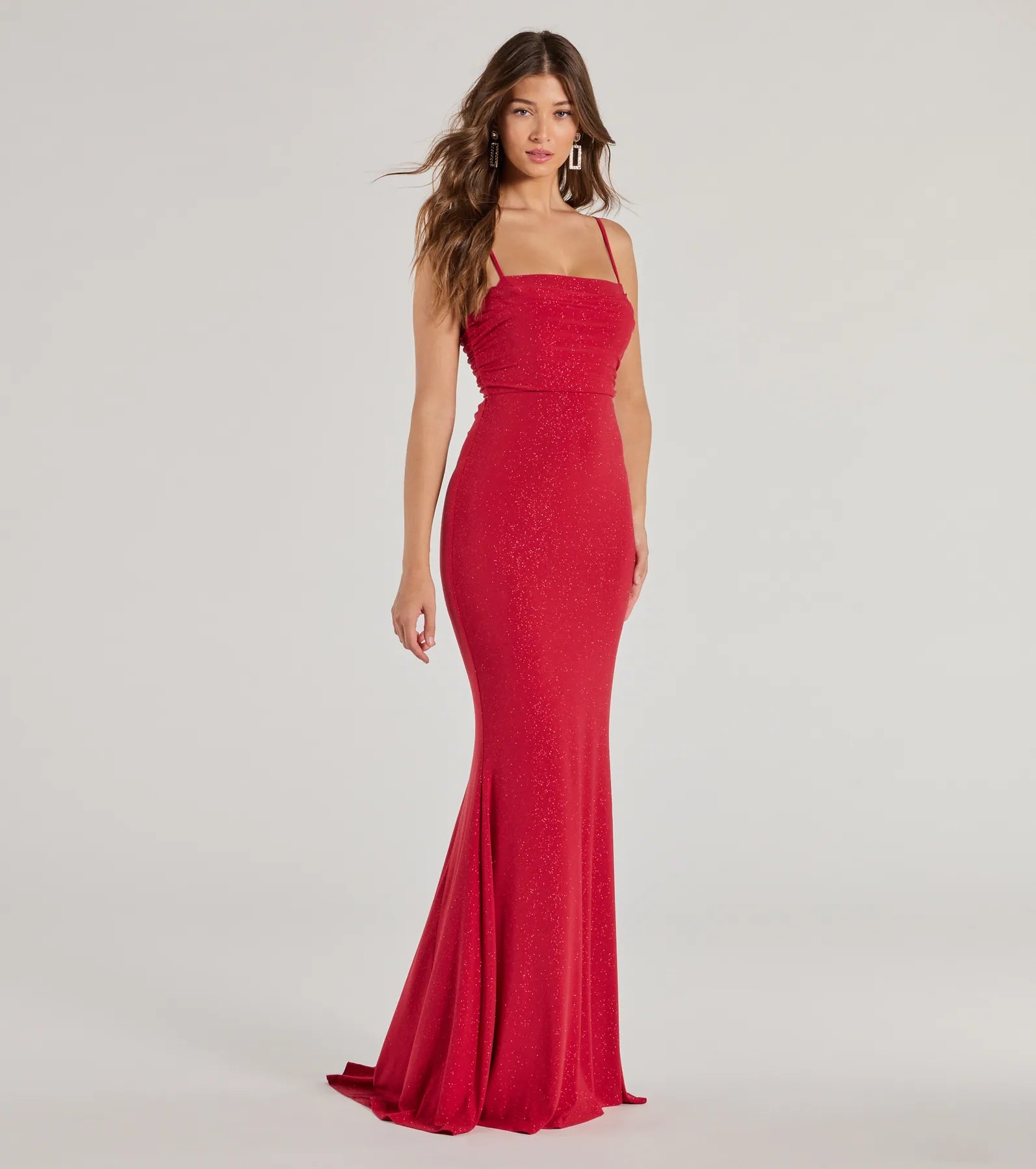 Whether it's the color or silhouette of the Colleen Lace Up Mermaid Glitter Formal Dress, this red bridesmaid dress is a gorgeous pick for a maid-of-honor or to create a bridal party look ready to celebrate!
