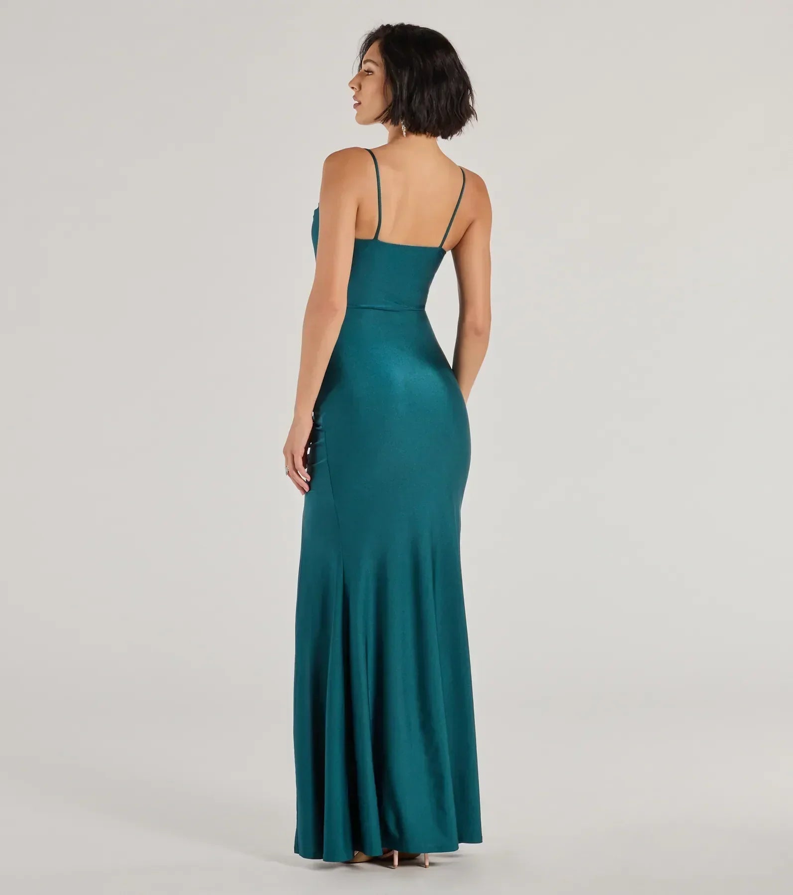 A stunning pick for an engagement photoshoot outfit or autumn wedding guest dress, this fall formal dress showcases the Marsha Cowl Neck Mermaid Formal Dress in hunter green with a graceful silhouette that captures the moment.