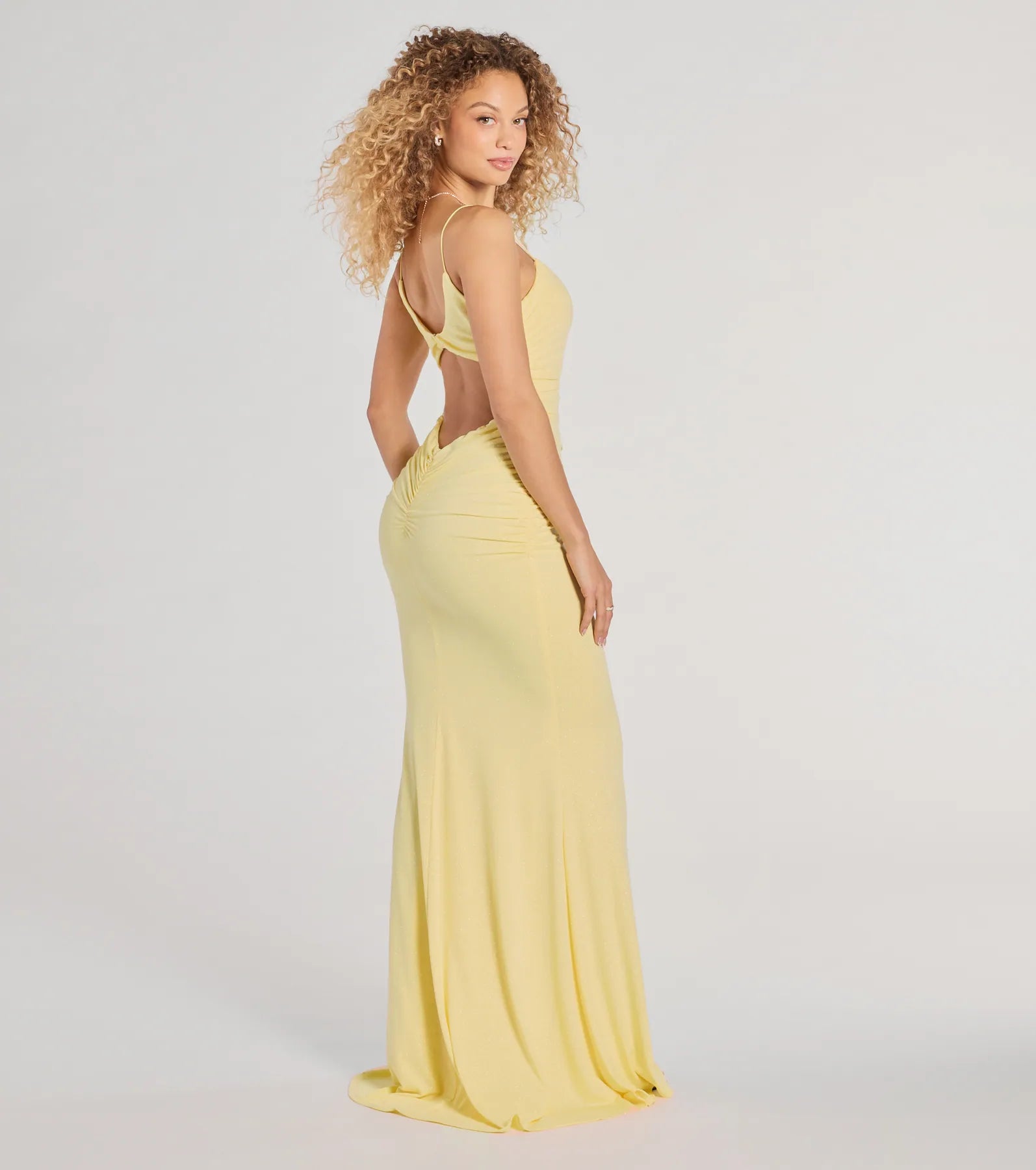 Feel instantly put-together in the Rowan Formal Glitter Ruched Mermaid Dress in yellow, a stylish wedding guest dress designed for confident style and all-out celebration.