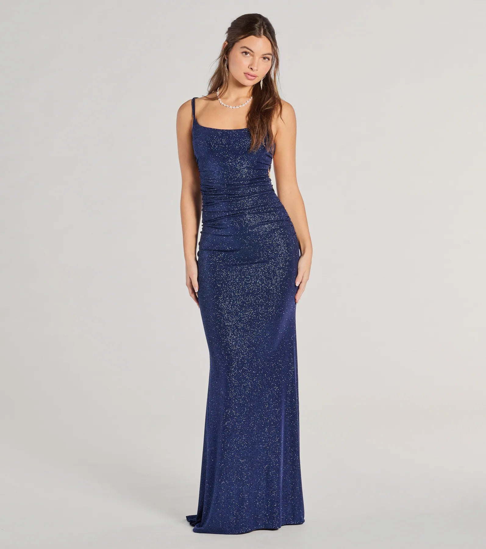 Feel instantly put-together in the Rylie Formal Glitter Lace-Up Column Dress in navy blue, a stylish wedding guest dress designed for confident style and all-out celebration.
