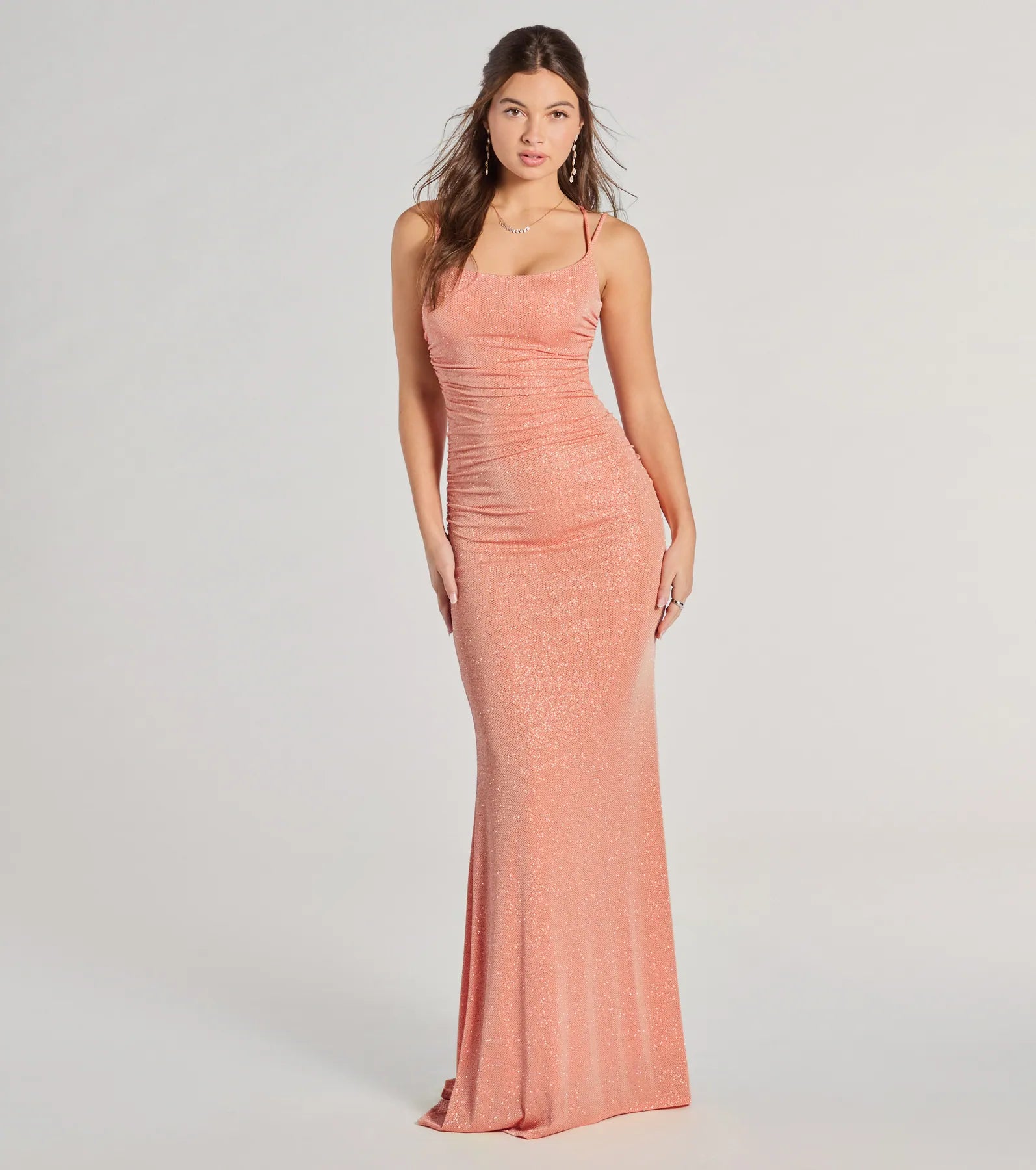 Feel instantly put-together in the Rylie Formal Glitter Lace-Up Column Dress in orange, a stylish wedding guest dress designed for confident style and all-out celebration.