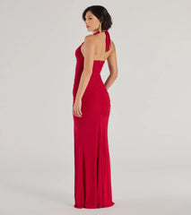 Make a bold statement in the Kindra High-Slit Mermaid Halter Dress in red, the perfect dress for outdoor weddings, cocktail hours, nights out, and/or seasonal celebrations.