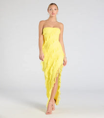 Feel instantly put-together in the Kellie Strapless Ruffled Slit Lace Formal Dress in yellow, a stylish wedding guest dress designed for confident style and all-out celebration.