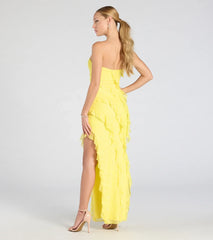 The Kellie Strapless Ruffled Slit Lace Formal Dress in luxe yellow fabric, a stunning prom dress with statement details designed to make a bold impression at Prom 2025.