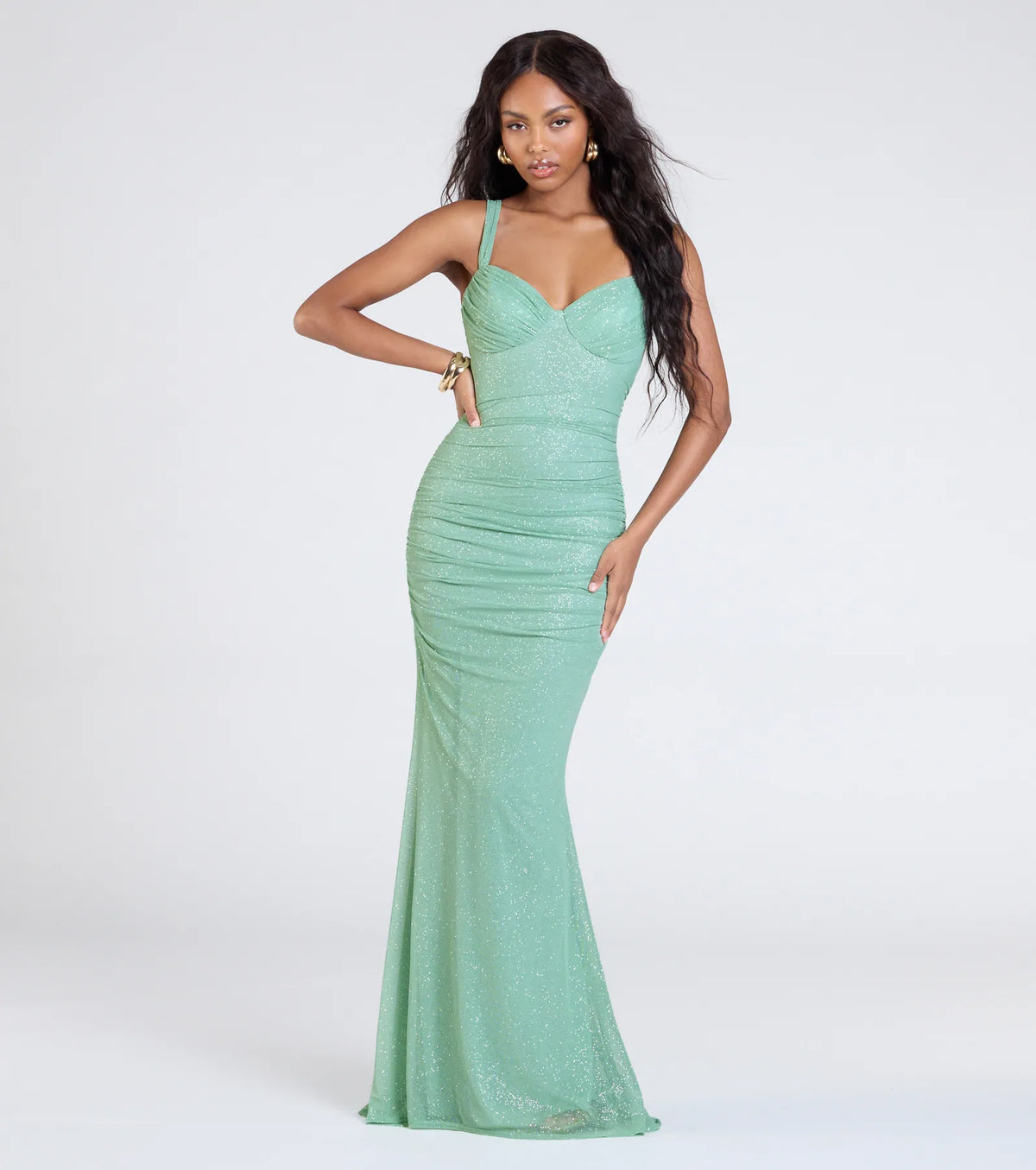 Feel instantly put-together in the Jenna Lace-Up Ruched Mermaid Glitter Formal Dress in sage green, a stylish wedding guest dress designed for confident style and all-out celebration.