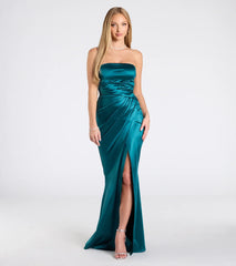 Feel instantly put-together in the Clea Satin Strapless Wrap Mermaid Dress in teal, a stylish wedding guest dress designed for confident style and all-out celebration.