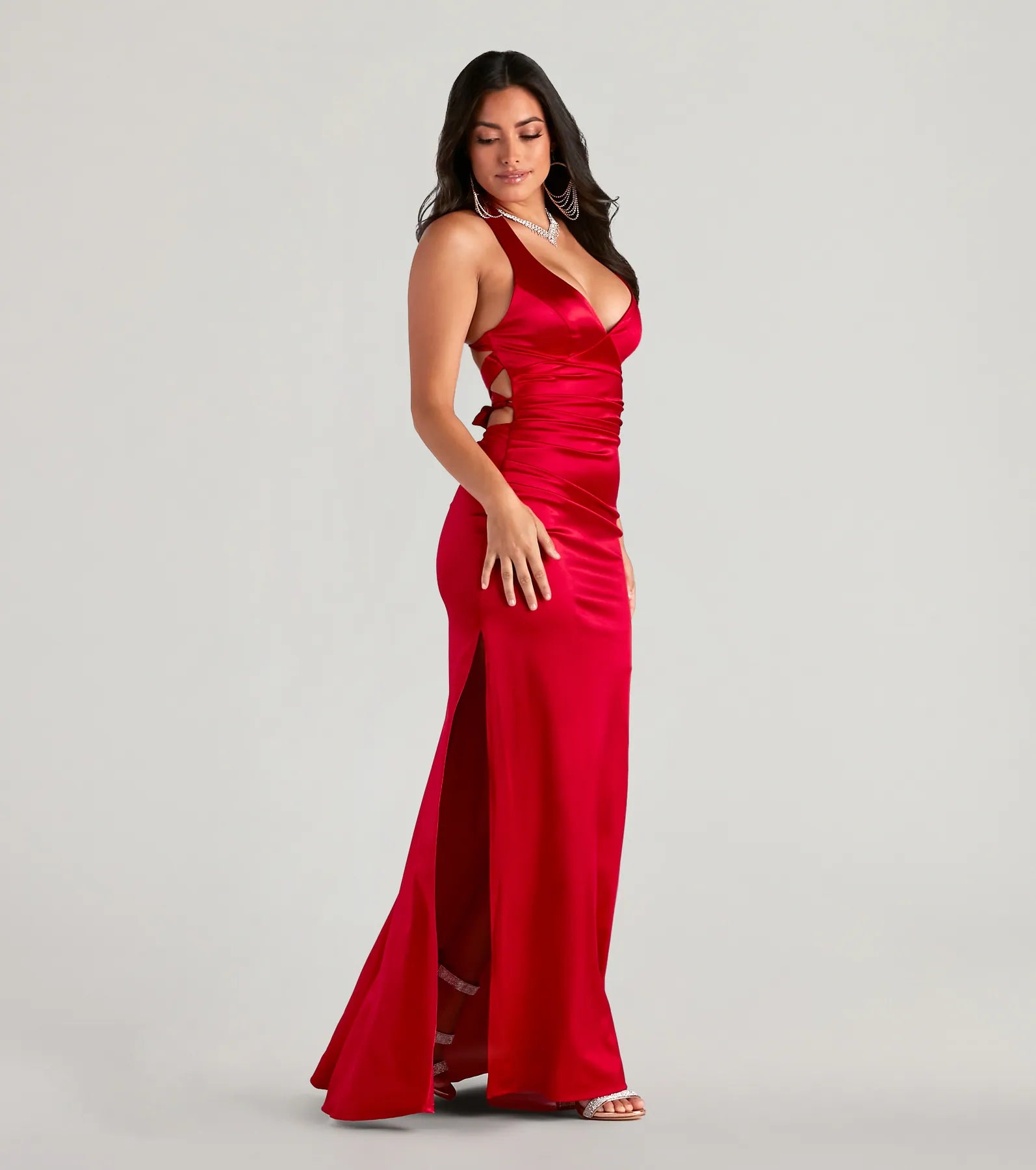 The Jamie Lace-Up Satin Formal Dress in luxe red fabric, a stunning prom dress with statement details designed to make a bold impression at Prom 2025.