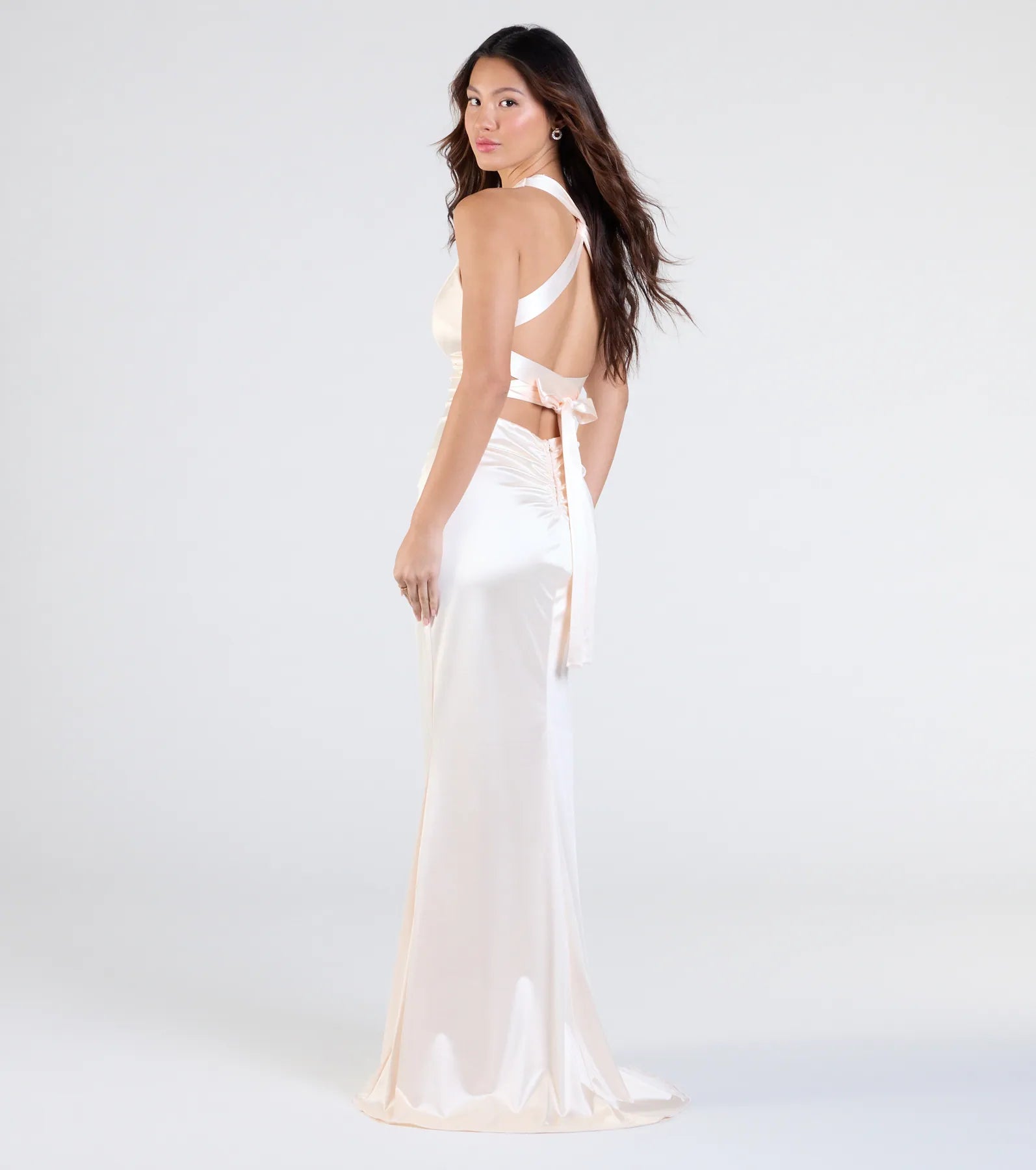 The Jamie Lace-Up Satin Formal Dress in luxe ivory fabric, a stunning prom dress with statement details designed to make a bold impression at Prom 2025.