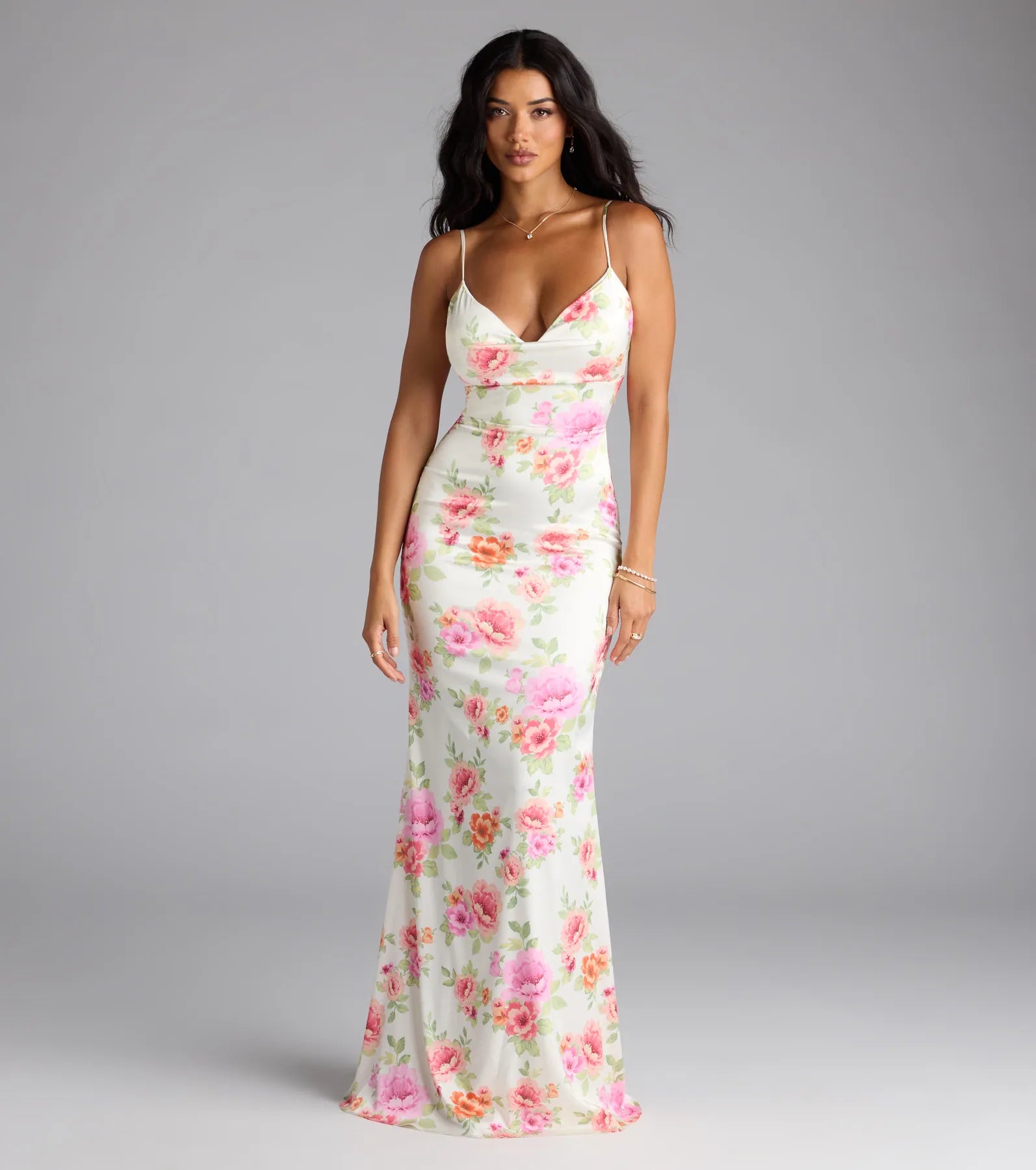 Feel instantly put-together in the Emely Lace-Up Mermaid Floral Satin Formal Dress in pink, a stylish wedding guest dress designed for confident style and all-out celebration.