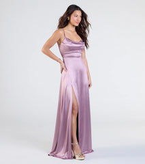 Own the spotlight in the Steffanie Tie-Back Slit A-Line Satin Formal Dress, a lavender formal dress crafted to deliver luxe style for autumn weddings, Military Balls, or any special event.