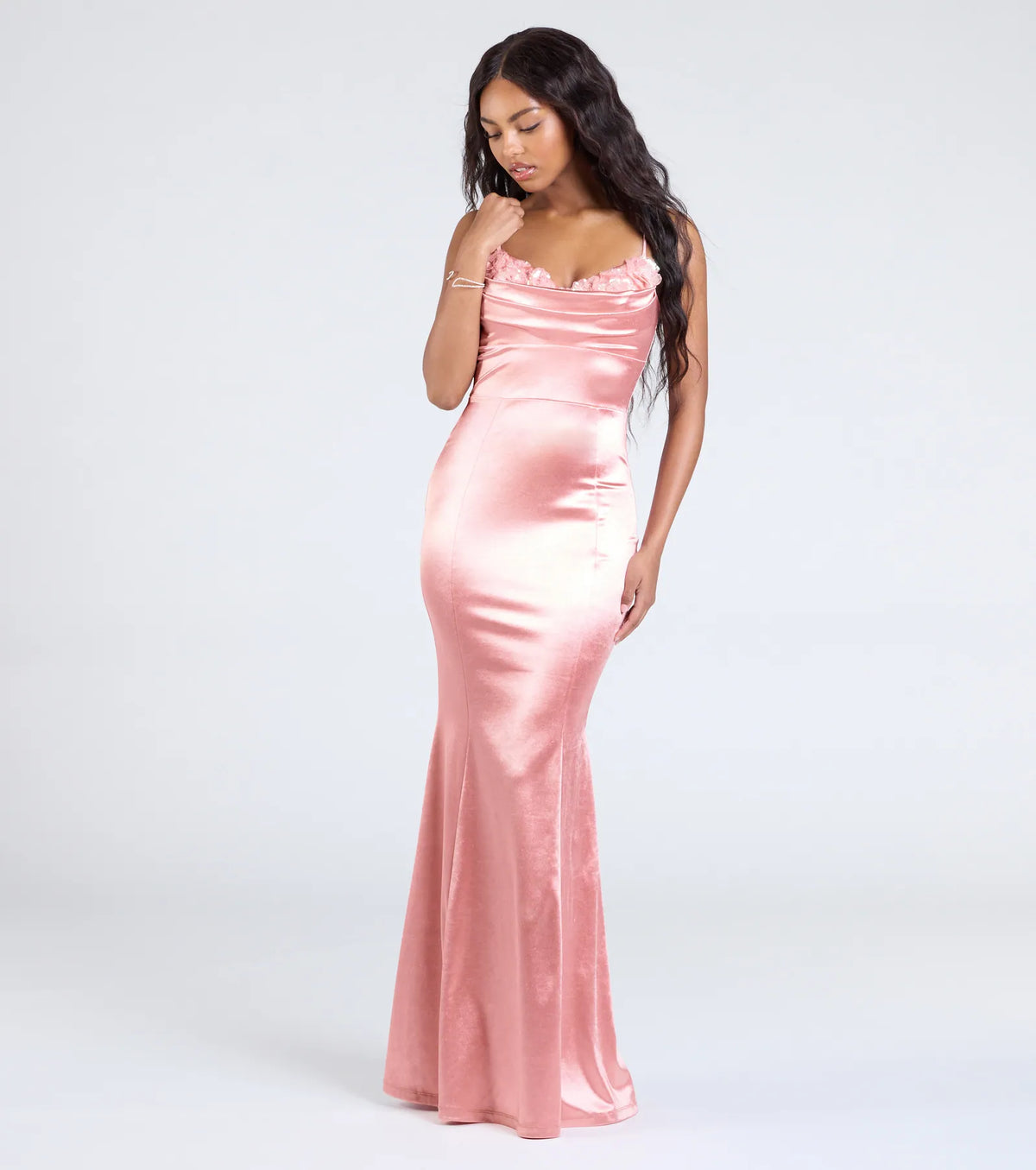 Feel instantly put-together in the Jackie Floral Sequin Trim Satin Formal Dress in rose gold, a stylish wedding guest dress designed for confident style and all-out celebration.