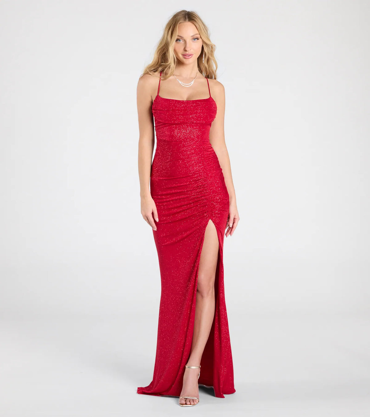Steal the spotlight in the Diane Lace-Up Slit Mermaid Glitter Formal Dress in red, a fiery pick from the red homecoming dresses collection designed for bold entrances.