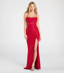 Steal the spotlight in the Diane Lace-Up Slit Mermaid Glitter Formal Dress in red, a fiery pick from the red homecoming dresses collection designed for bold entrances.