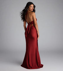 Own the spotlight in the Becky V-Neck Tie-Back Slit Mermaid Dress, a rust formal dress crafted to deliver luxe style for autumn weddings, Military Balls, or any special event.