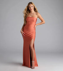 Feel instantly put-together in the Cheryl Strapless Slit Mermaid Formal Dress in rust, a stylish wedding guest dress designed for confident style and all-out celebration.
