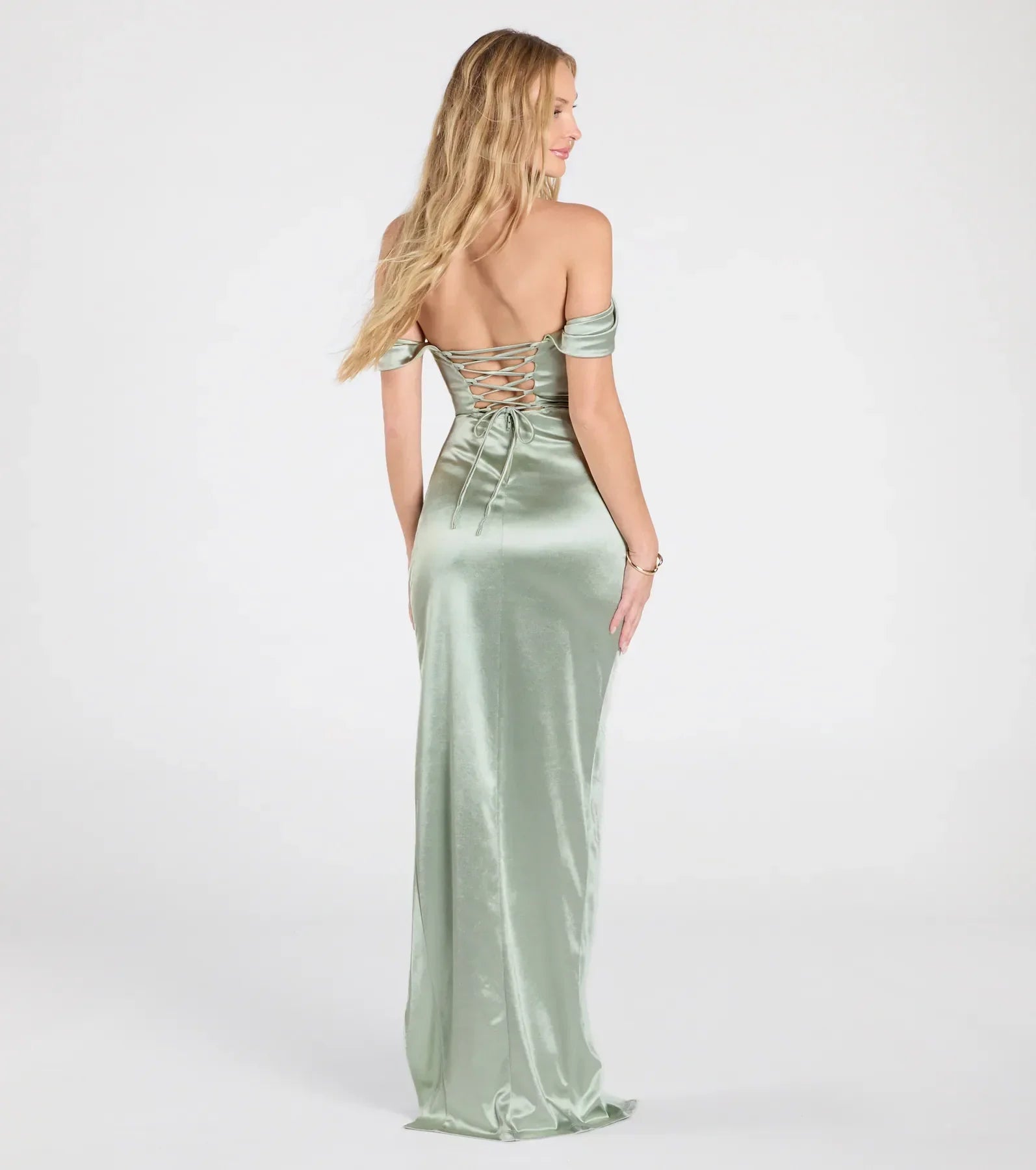 Flaunt your silhouette in the tight Phoebe Off-The-Shoulder Lace-Up Satin Formal Dress in sage green, a bodycon dress that empowers your look with bold style and effortless edge.