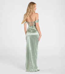 Flaunt your silhouette in the tight Phoebe Off-The-Shoulder Lace-Up Satin Formal Dress in sage green, a bodycon dress that empowers your look with bold style and effortless edge.